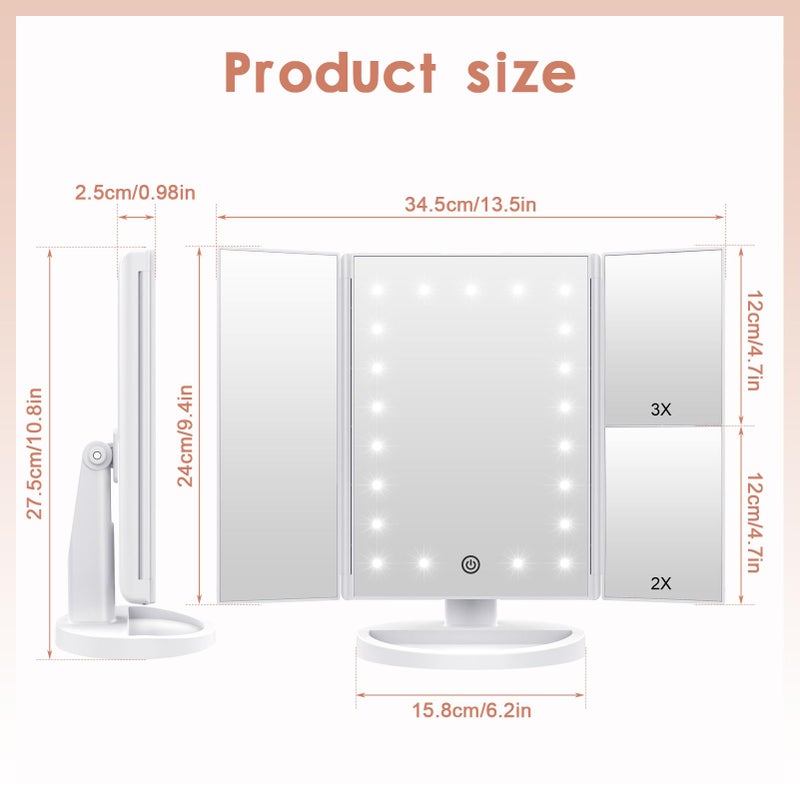 WEILY Makeup Vanity Mirror with 21 LED Lights and Touch Screen, Tri-Fold 1x 2X 3X Magnification,180Â° Adjustable Rotationand USB Powered,Countertop Cosmetic Makeup Mirror (White) - Image 4